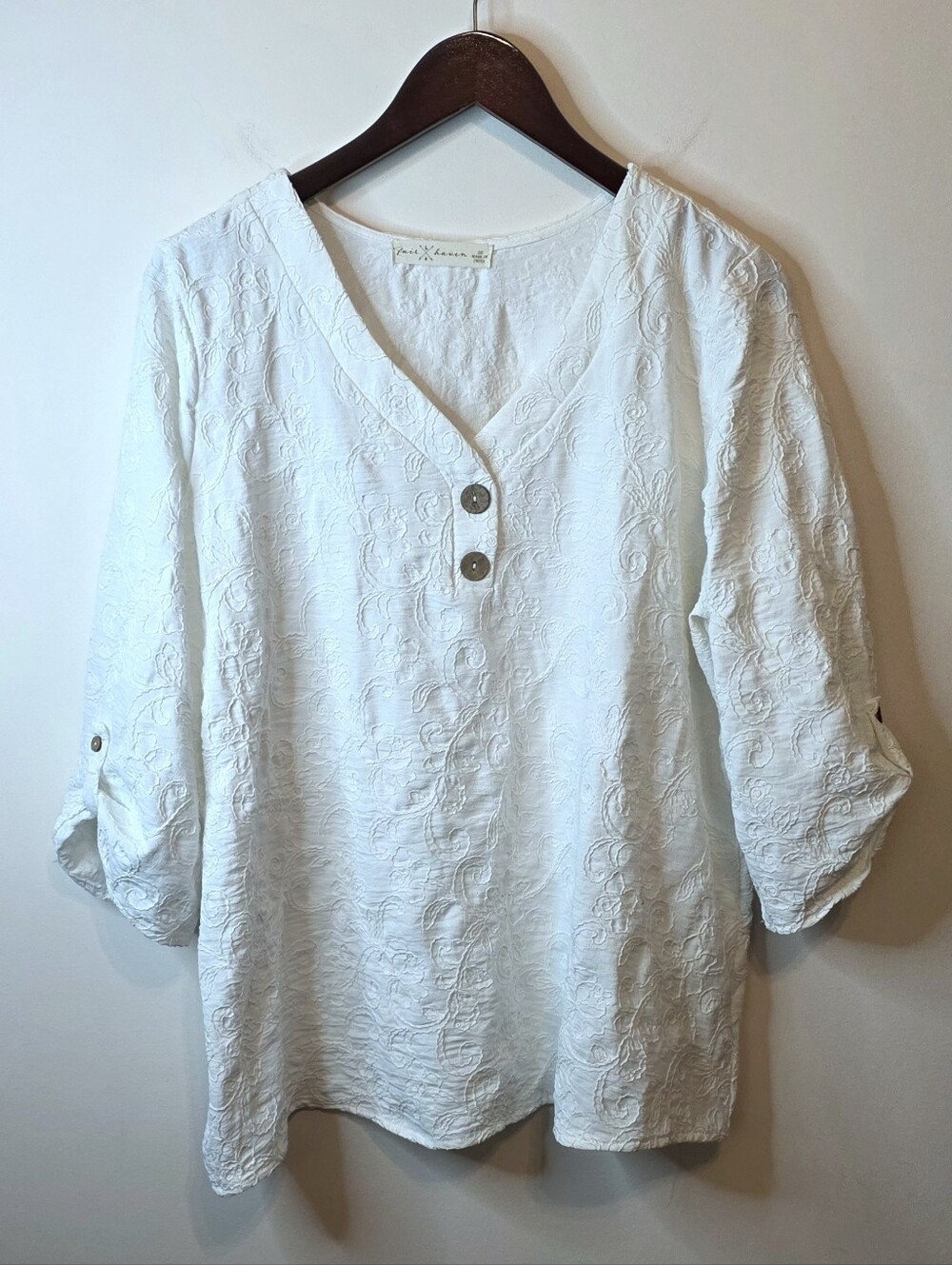 Fair Haven White Embroidered Gauze Tunic Top Boho Roll Tab Sleeve Size 2XL